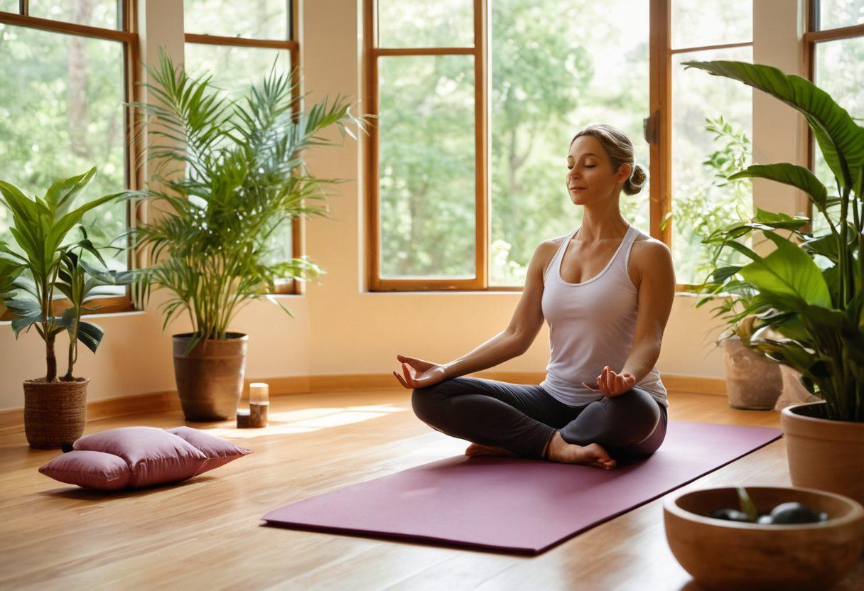 A serene healthcare setting featuring a diverse group of patients engaging in holistic therapies like yoga and meditation, surrounded by vibrant plants and soft natural light. Include a healthcare professional guiding a session, with supportive elements like herbal teas and art therapy materials visible. The scene should evoke hope, healing, and innovation in cancer care. super-realistic. warm colors. natural light.