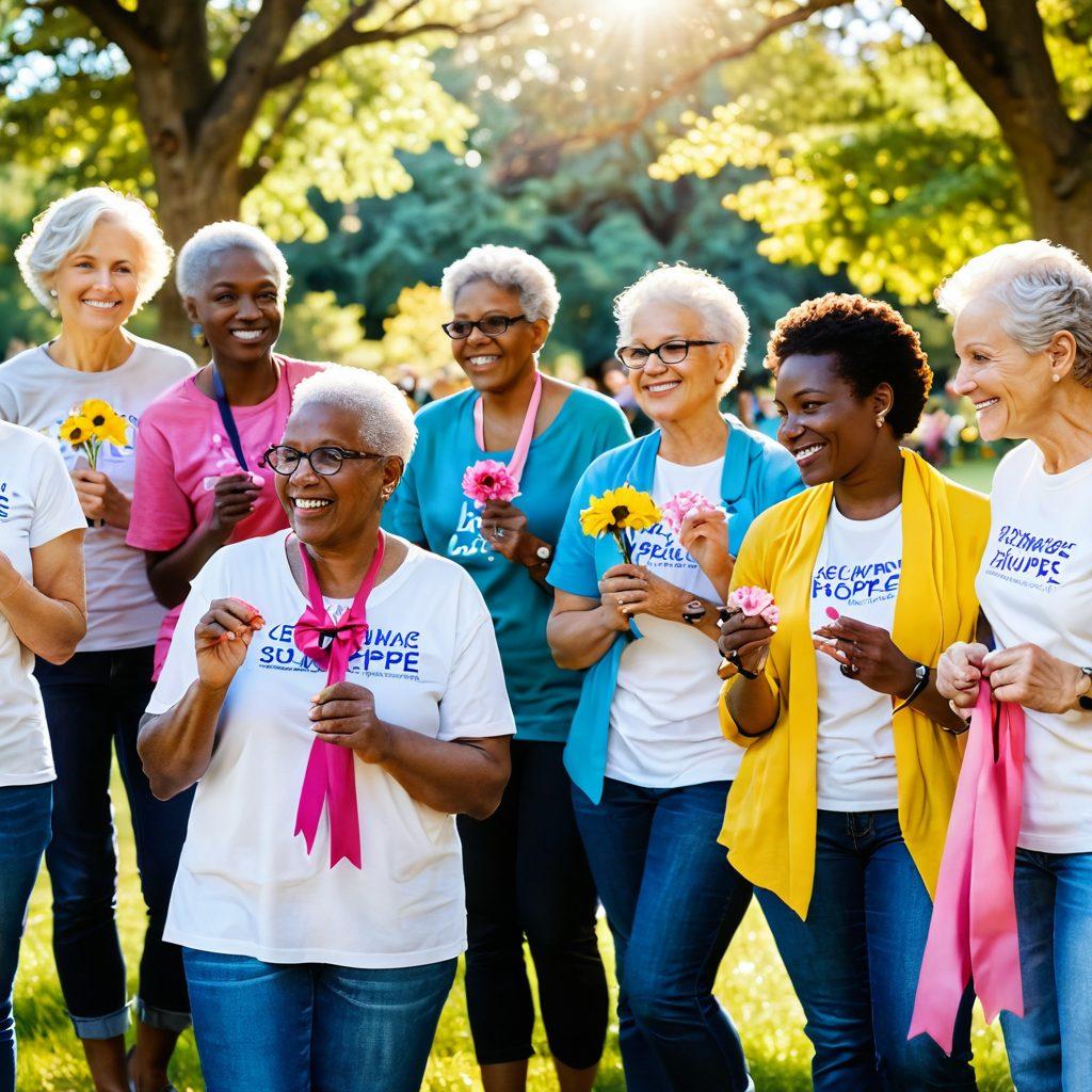 A warm and welcoming gathering of diverse cancer survivors sharing stories and experiences in a sunlit park. Include symbols of support like ribbons and educational materials in their hands. Show elements of hope and empowerment, such as blooming flowers and uplifting quotes in the background. Vivid colors to create a positive atmosphere. super-realistic. vibrant colors. natural setting.