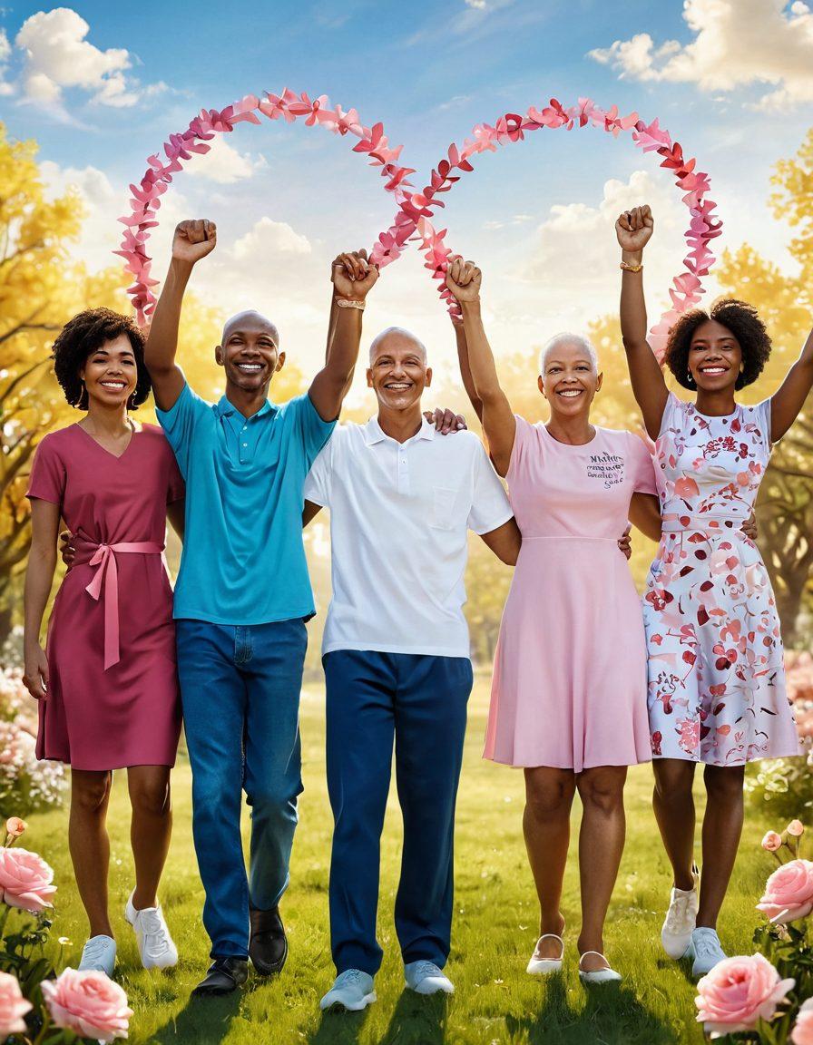 A diverse group of cancer survivors standing together, exuding strength and hope. They hold hands, surrounded by symbols of support like ribbons, hearts, and encouragement quotes floating in the air. The background features a warm, sunny landscape with blooming flowers, representing growth and new beginnings. The scene captures the spirit of resilience and community. vibrant colors. super-realistic.